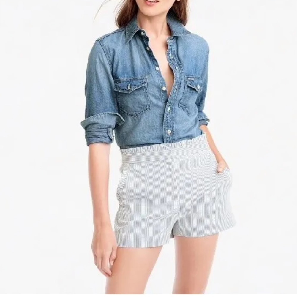 J. Crew High-Waisted Ruffled Seereucker Shorts - Raised Textured Blue Stripes